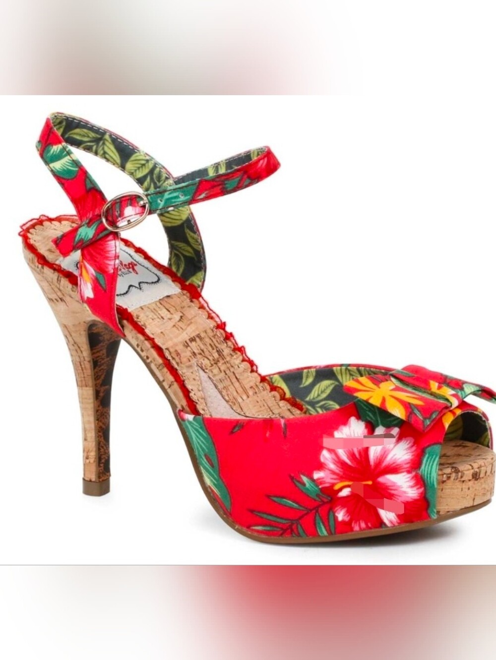 Bettie Page Tropical Floral Peep-Toe Platform Heels - Red